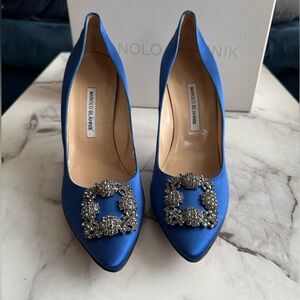 Manolo Blahnik Hangisi Blue Satin Heels with Crystal Buckle, Hangisi Pumps, 42.5